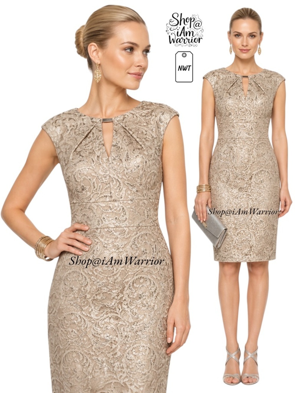 Donna Rico NWT champagne metallic lace dress *shop@iamwarrior